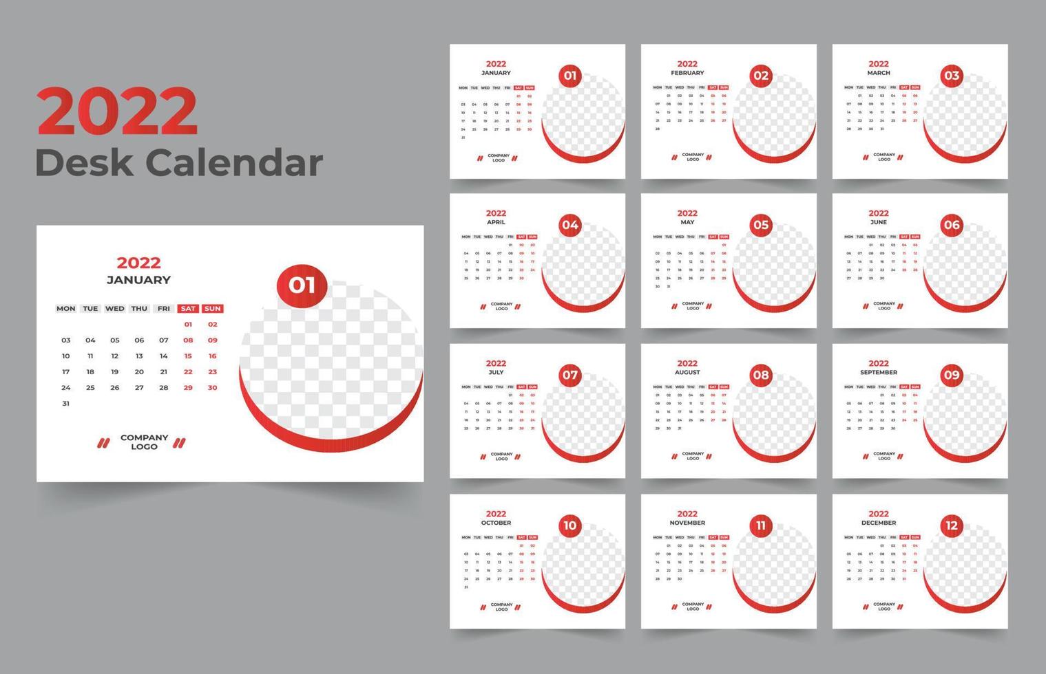 modèle de calendrier de bureau. la semaine commence du lundi au dimanche. ensemble de 12 mois. vecteur