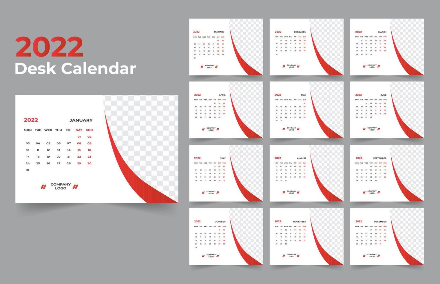 modèle de calendrier de bureau. la semaine commence du lundi au dimanche. ensemble de 12 mois. vecteur