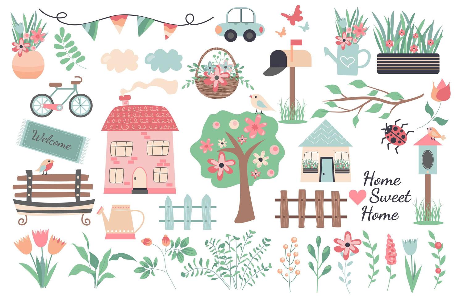 collection sweet home au design plat. jolies maisons, arbres en fleurs, voiture, vélo, clôtures en bois, fleurs et bouquets, boîte aux lettres et autres éléments isolés. illustration vectorielle. style dessiné à la main. vecteur