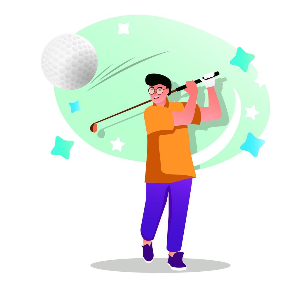 concept de personnage plat de joueur de golf pour la conception web. un homme heureux frappe la balle avec un club, un tournoi d'entraînement ou de golf, scène des gens modernes. illustration vectorielle pour le matériel promotionnel des médias sociaux. vecteur