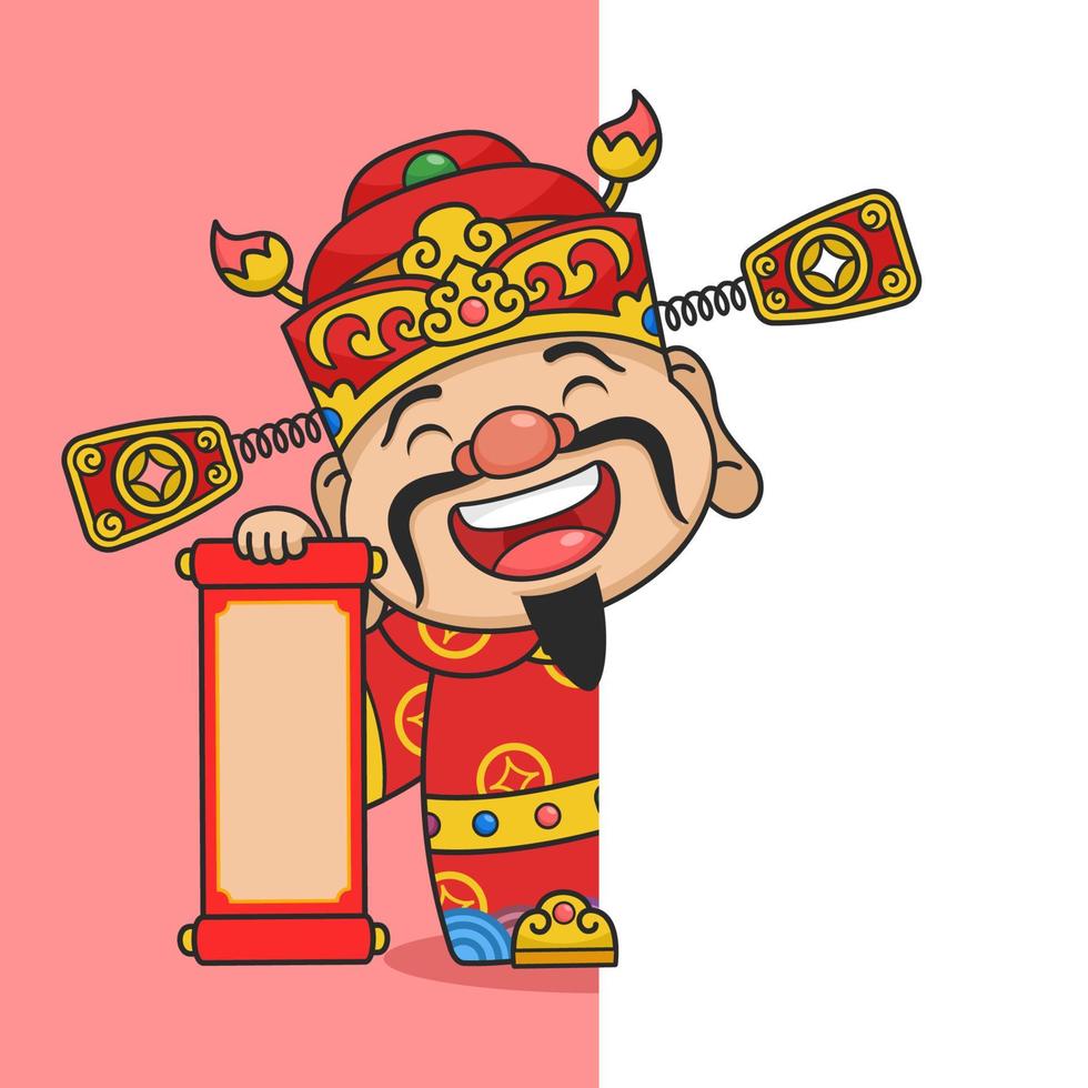joli dieu de la fortune du nouvel an chinois tenant un parchemin derrière le mur vecteur