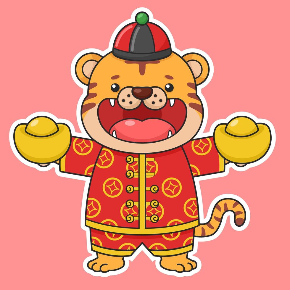 mignon tigre du nouvel an chinois tenant deux pièces d'or vecteur