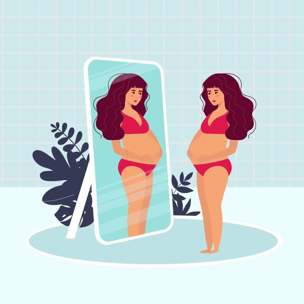 beauté femme enceinte sans vêtements en sous-vêtements est debout et regarde dans le miroir. illustration vectorielle. mode de vie sain. fille enceinte. vecteur