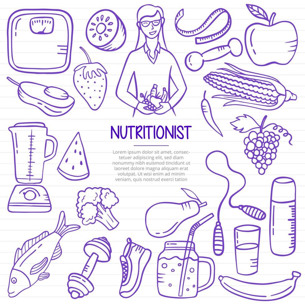 nutritionniste doodle dessinés à la main avec un style de contour sur la ligne de livres en papier vecteur