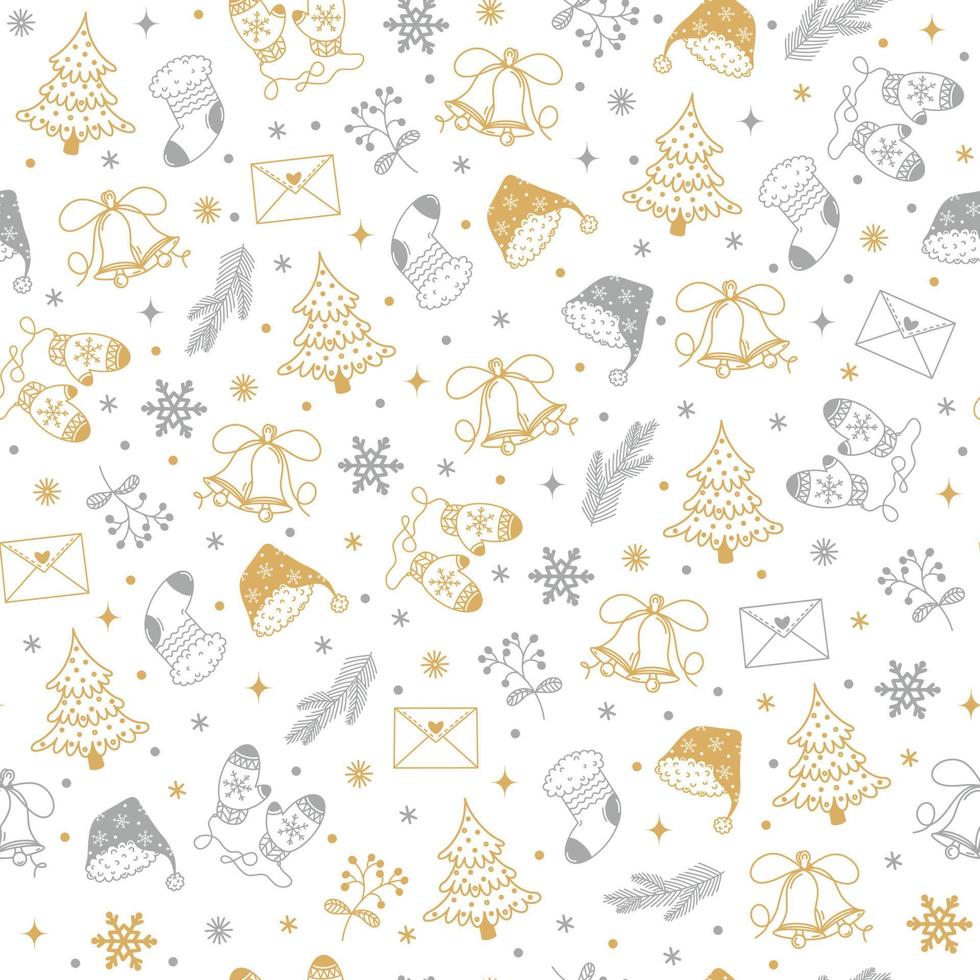 modèle vectorielle continue de symboles du nouvel an. éléments d'or et d'argent dessinés à la main. objets festifs - arbre de Noël, mitaines, casquette, flocons de neige, cloches. croquis de dessin animé simple, doodle sur fond blanc. vecteur