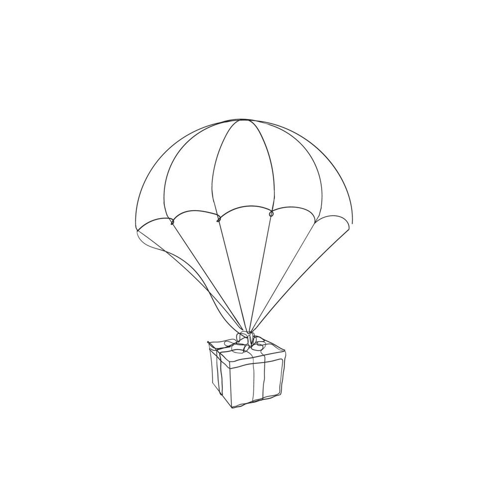 parachute de ballon à air dessiné à la main avec illustration de la boîte d'emballage en dessin au trait continu vecteur