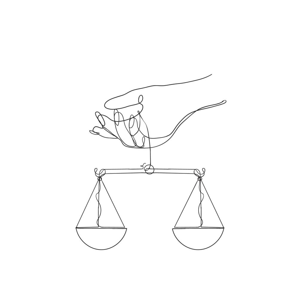 main dessinée à la main tenant un symbole d'échelle de poids pour la journée mondiale de la justice sociale en dessin au trait continu vecteur