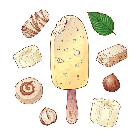 Définissez des noix de chocolat, bonbons crème banane crème glacée. Dessin à main levée. Illustration vectorielle vecteur