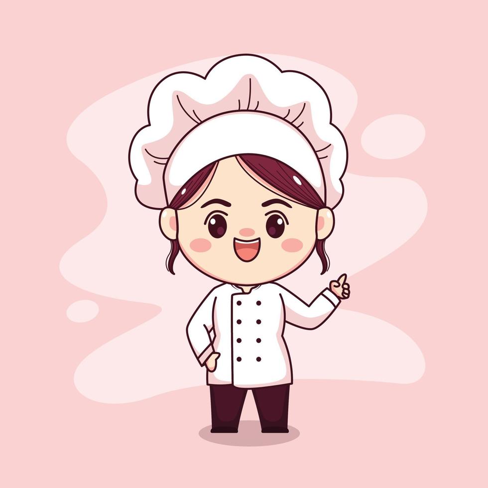 chef féminin mignon et kawaii avec la conception de personnage vectoriel manga chibi pointé du doigt