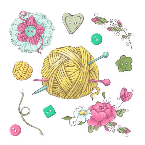 Ensemble pour fleurs et éléments tricotés à la main et accessoires pour le crochet et le tricot vecteur