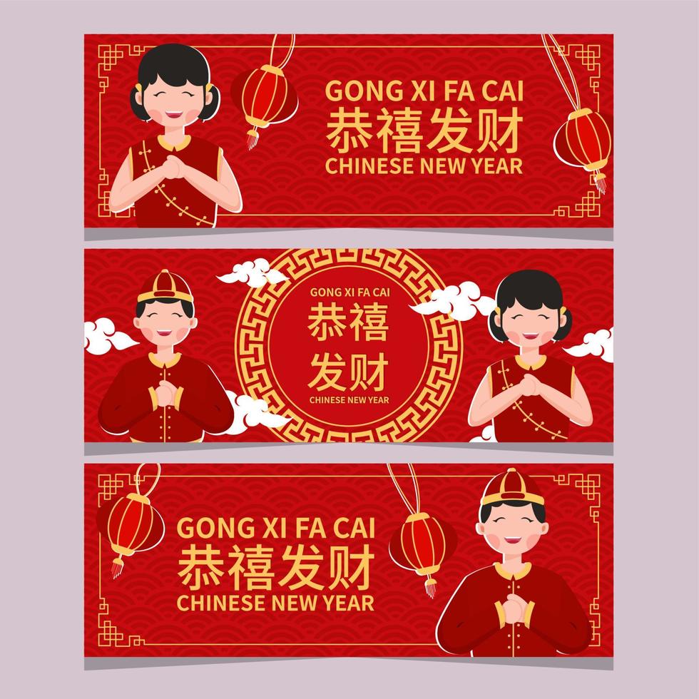 personnes saluant la collection de bannières gong xi fa cai vecteur