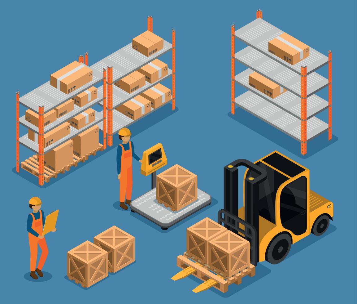 composition isométrique du chariot élévateur d'entrepôt vecteur
