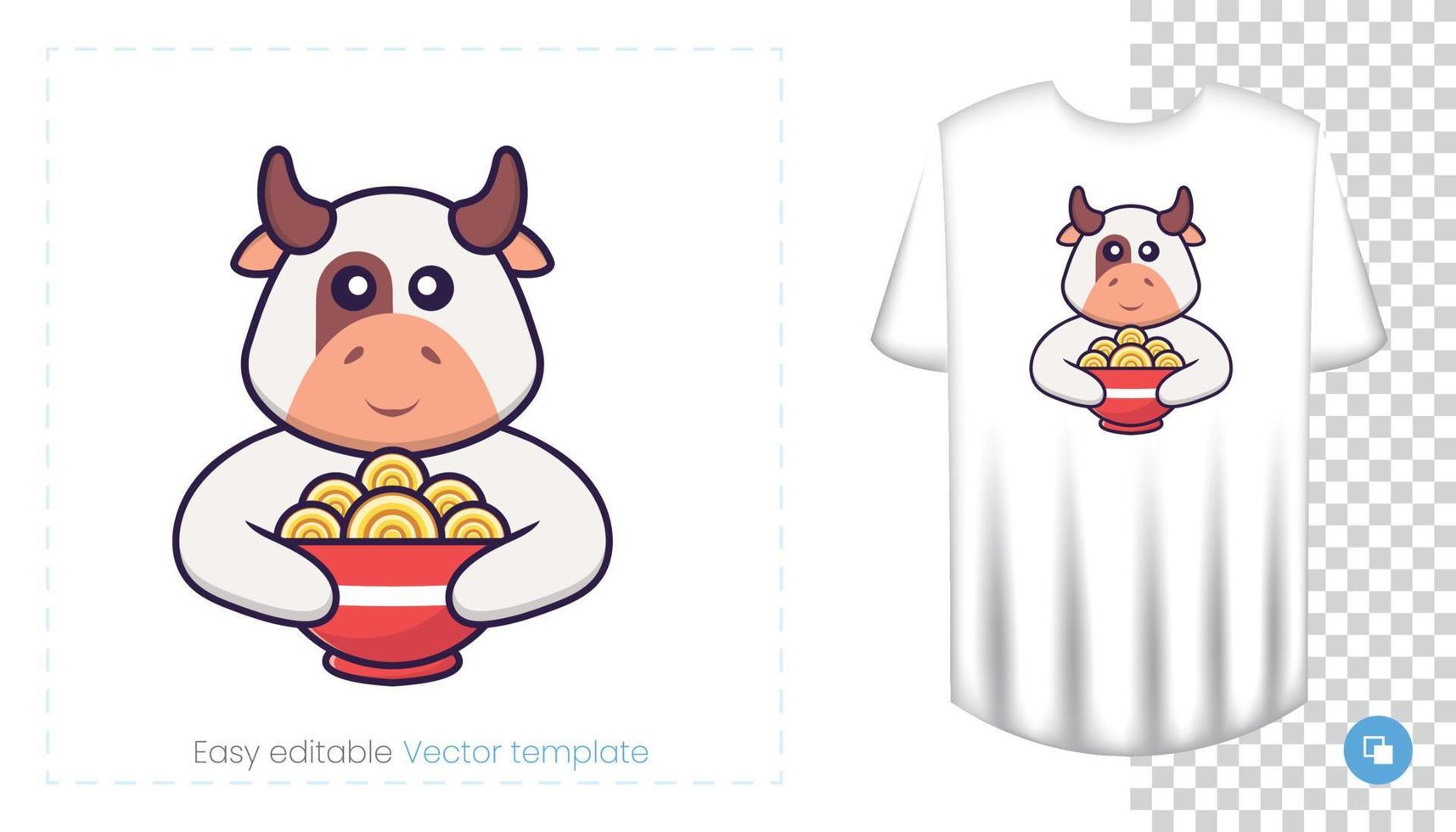 personnage de vache mignon. impressions sur t-shirts, sweat-shirts, étuis pour téléphones portables, souvenirs. illustration vectorielle isolée sur fond blanc. vecteur