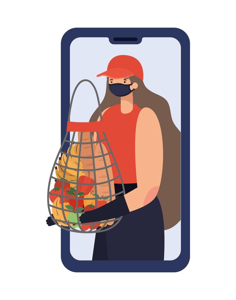 femme de commande et de livraison en ligne avec masque de sécurité et un sac en filet rempli de produits du marché sur un téléphone vecteur