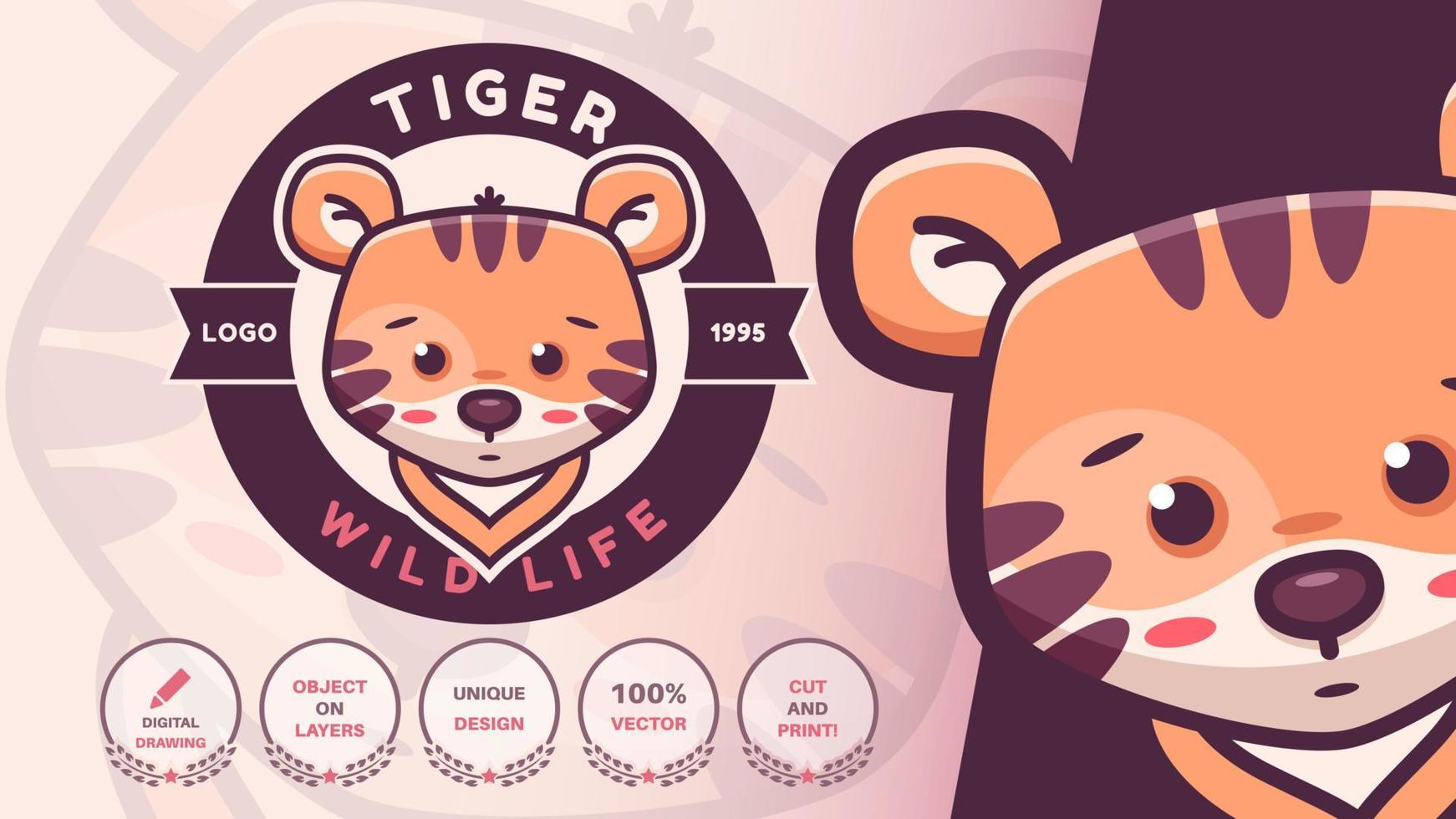 logotype de tigre animal enfantin de personnage de dessin animé vecteur