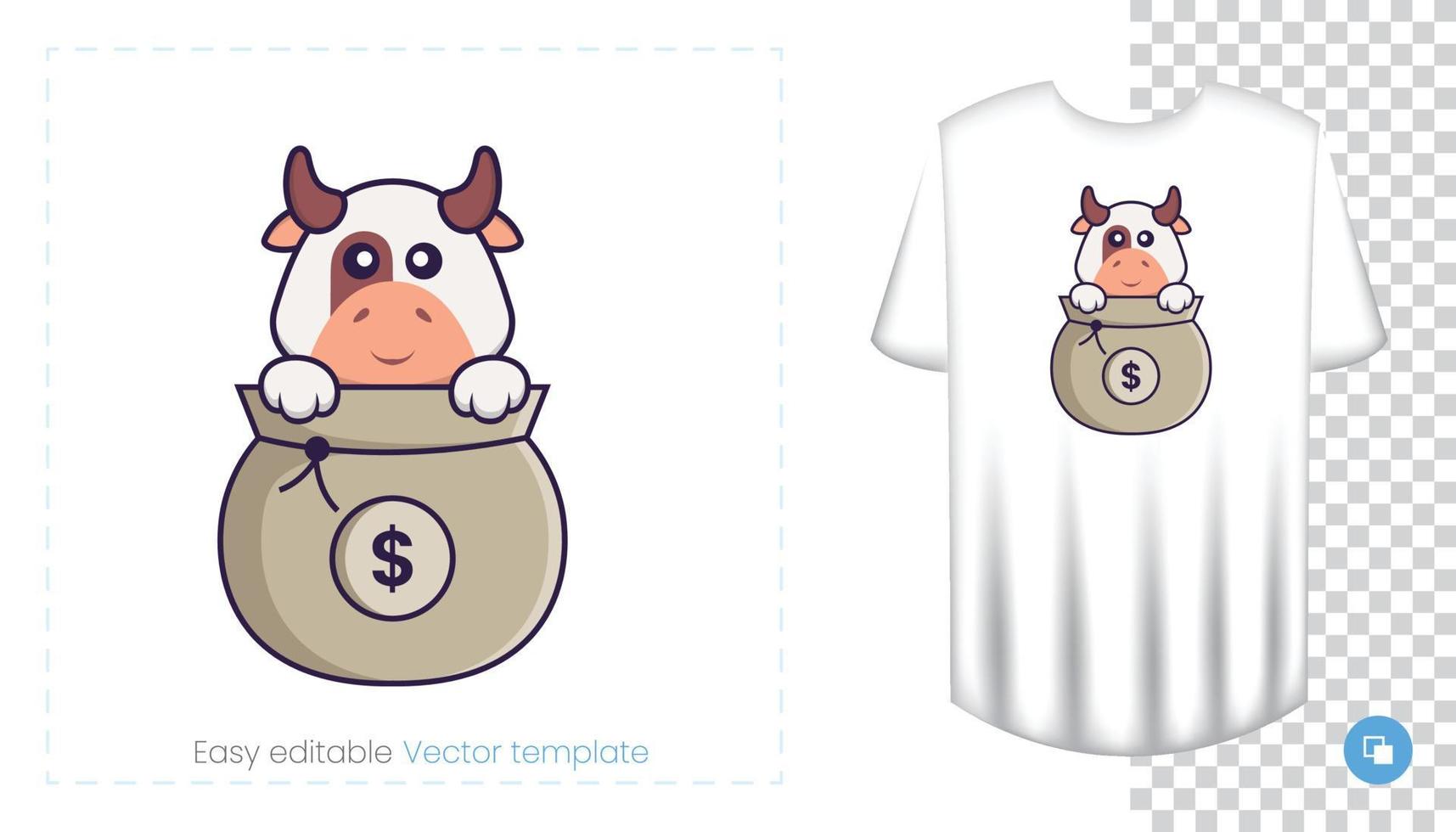 personnage de vache mignon. impressions sur t-shirts, sweat-shirts, étuis pour téléphones portables, souvenirs. illustration vectorielle isolée sur fond blanc. vecteur