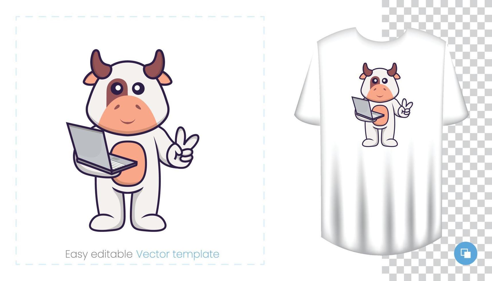 personnage de vache mignon. impressions sur t-shirts, sweat-shirts, étuis pour téléphones portables, souvenirs. illustration vectorielle isolée sur fond blanc. vecteur