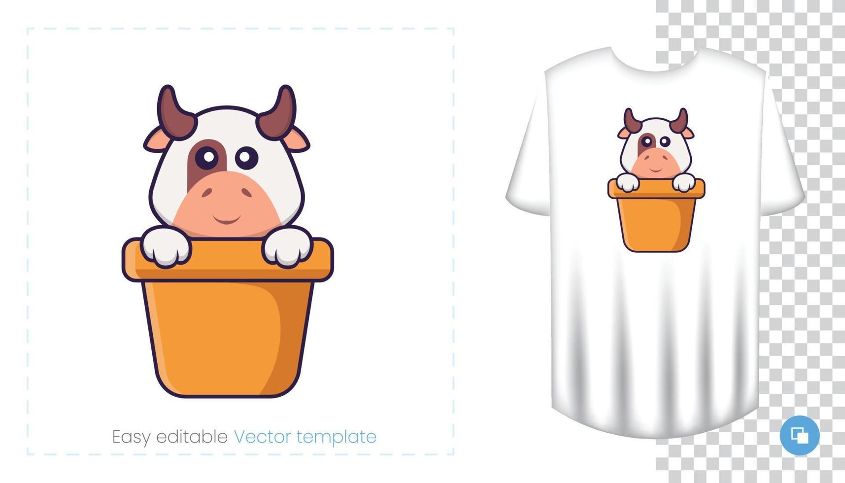 personnage de vache mignon. impressions sur t-shirts, sweat-shirts, étuis pour téléphones portables, souvenirs. illustration vectorielle isolée sur fond blanc. vecteur