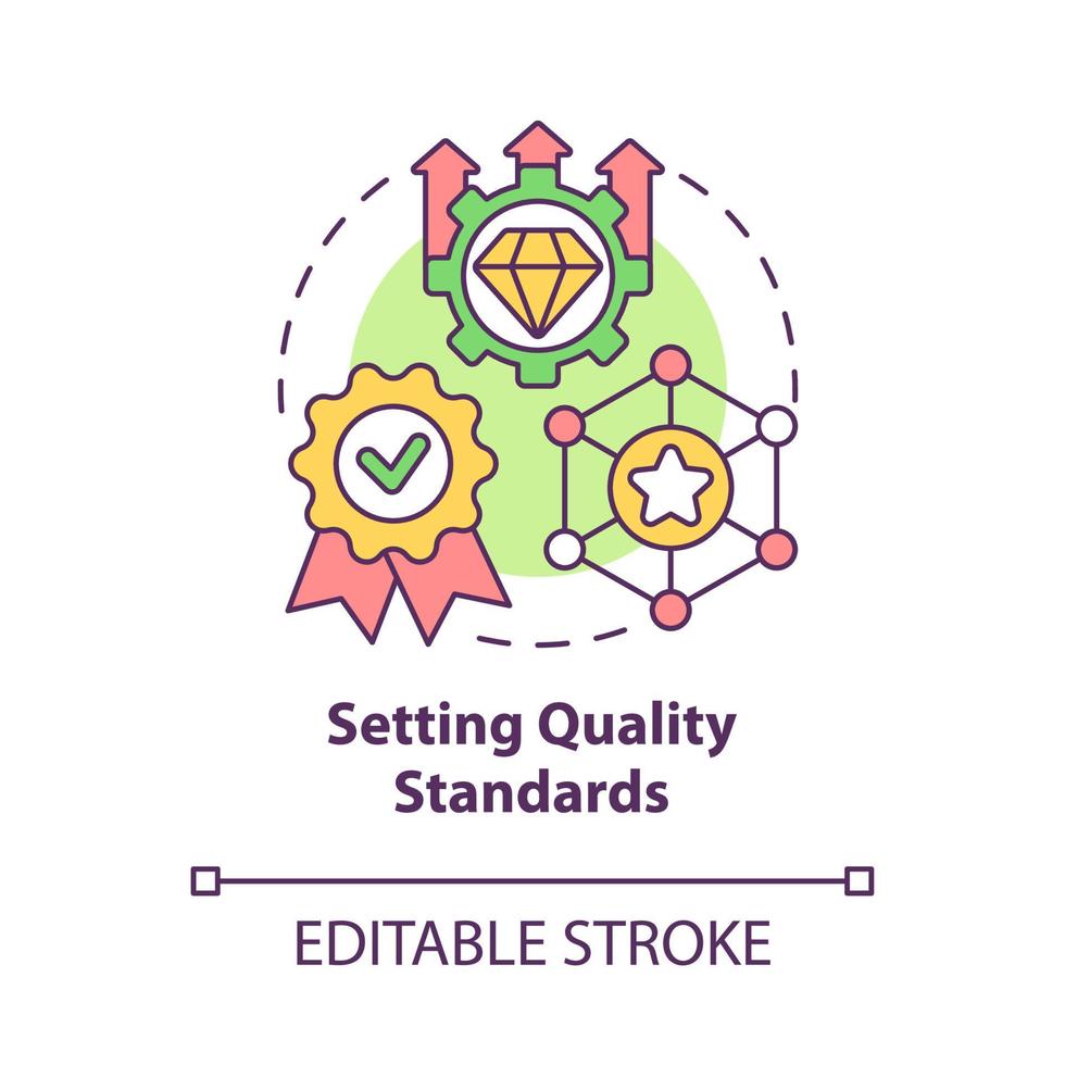 définir l'icône de concept de normes de qualité. contrôle des performances. garantie de service pour le client. illustration de la ligne mince de la planification de la marque idée abstraite. dessin de couleur de contour isolé de vecteur. trait modifiable vecteur