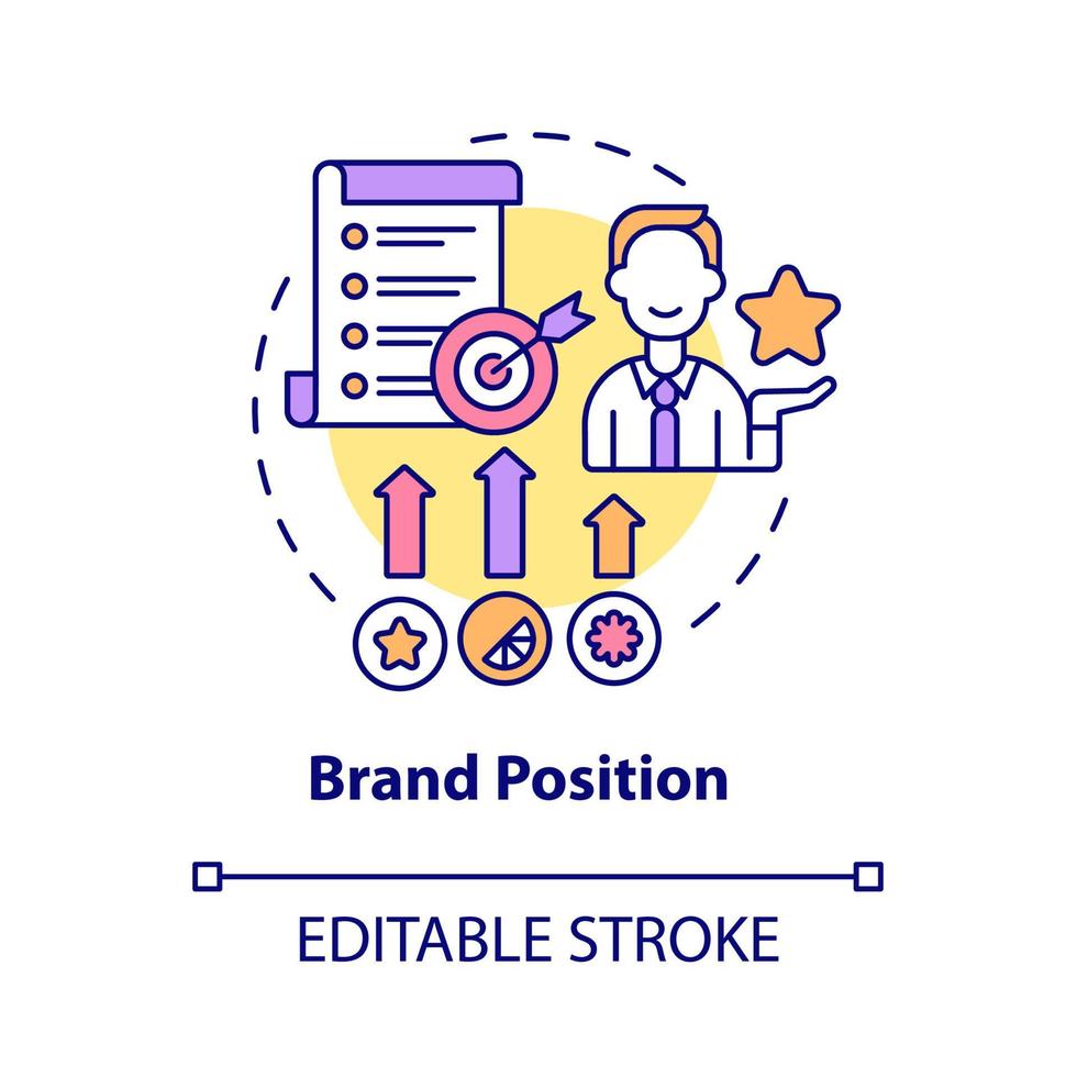 icône de concept de position de marque. valeur de l'entreprise. stratégie de marketing. sensibilisation aux services. illustration de la ligne mince de la planification de la marque idée abstraite. dessin de couleur de contour isolé de vecteur. trait modifiable vecteur