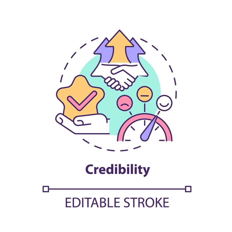 icône de concept de crédibilité. fiabilité de l'entreprise. l'intégrité de l'entreprise. confiance du client. illustration de la ligne mince de la planification de la marque idée abstraite. dessin de couleur de contour isolé de vecteur. trait modifiable vecteur