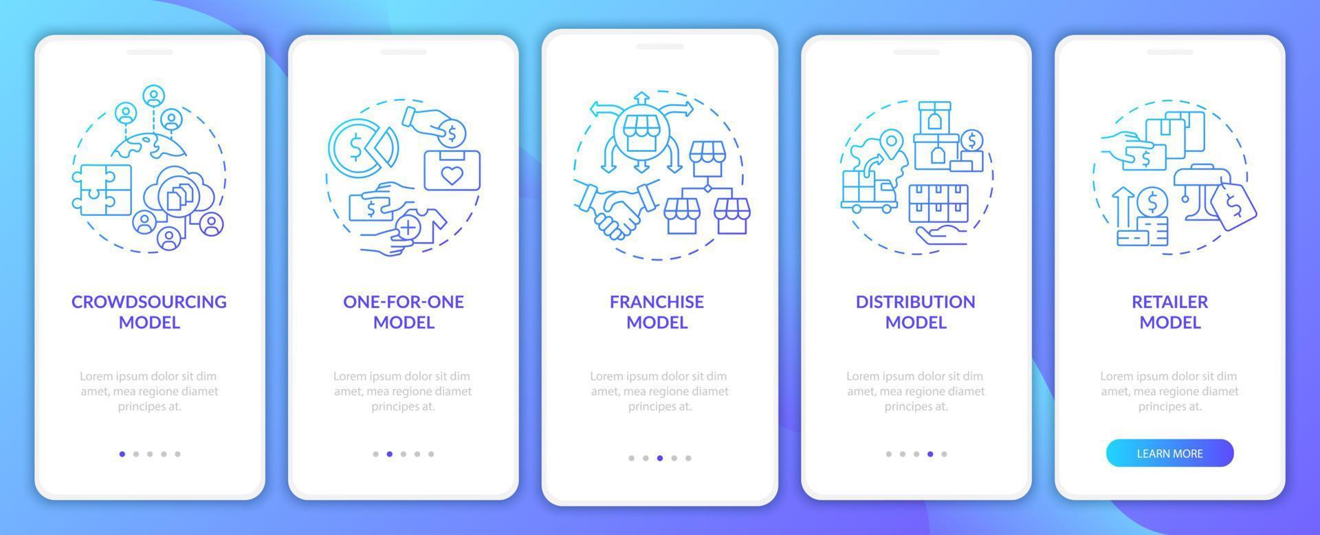 écran de page d'application mobile d'intégration en dégradé des types de modèle d'entreprise. Procédure pas à pas de l'entreprise Instructions graphiques en 5 étapes avec des concepts. modèle vectoriel ui, ux, gui avec des illustrations en couleurs linéaires