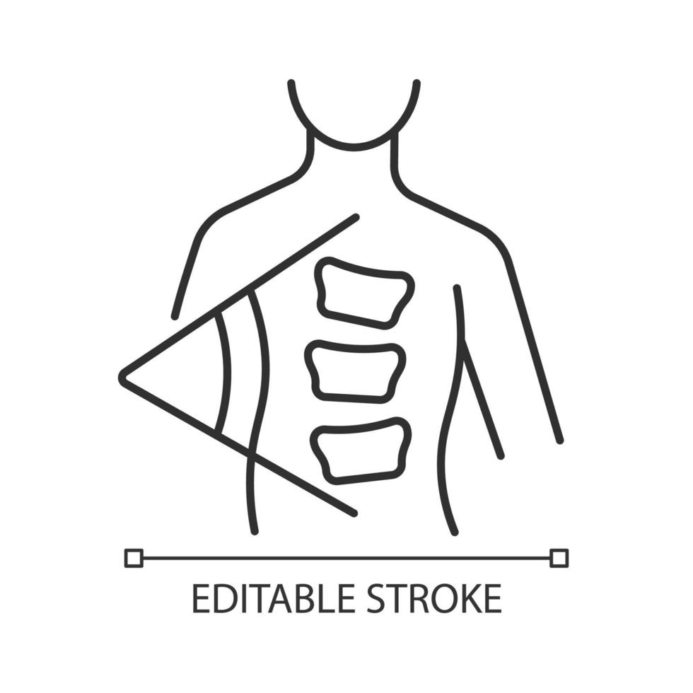 icône linéaire de la méthode cobb. angle de cobb. mesure du degré de scoliose. calcul de l'angle de la courbe de la colonne vertébrale. illustration personnalisable de fine ligne. symbole de contour. dessin de contour isolé de vecteur. trait modifiable vecteur