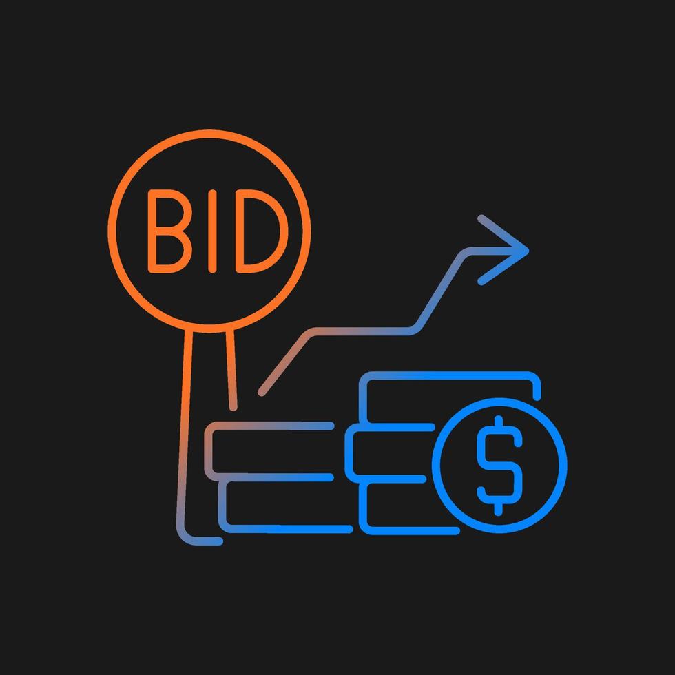 L'enchère incrémente l'icône de vecteur de dégradé pour le thème sombre. augmentation du prix minimum. négociation concurrentielle. ventes publiques. symbole de couleur de ligne mince. pictogramme de style moderne. dessin de contour isolé de vecteur