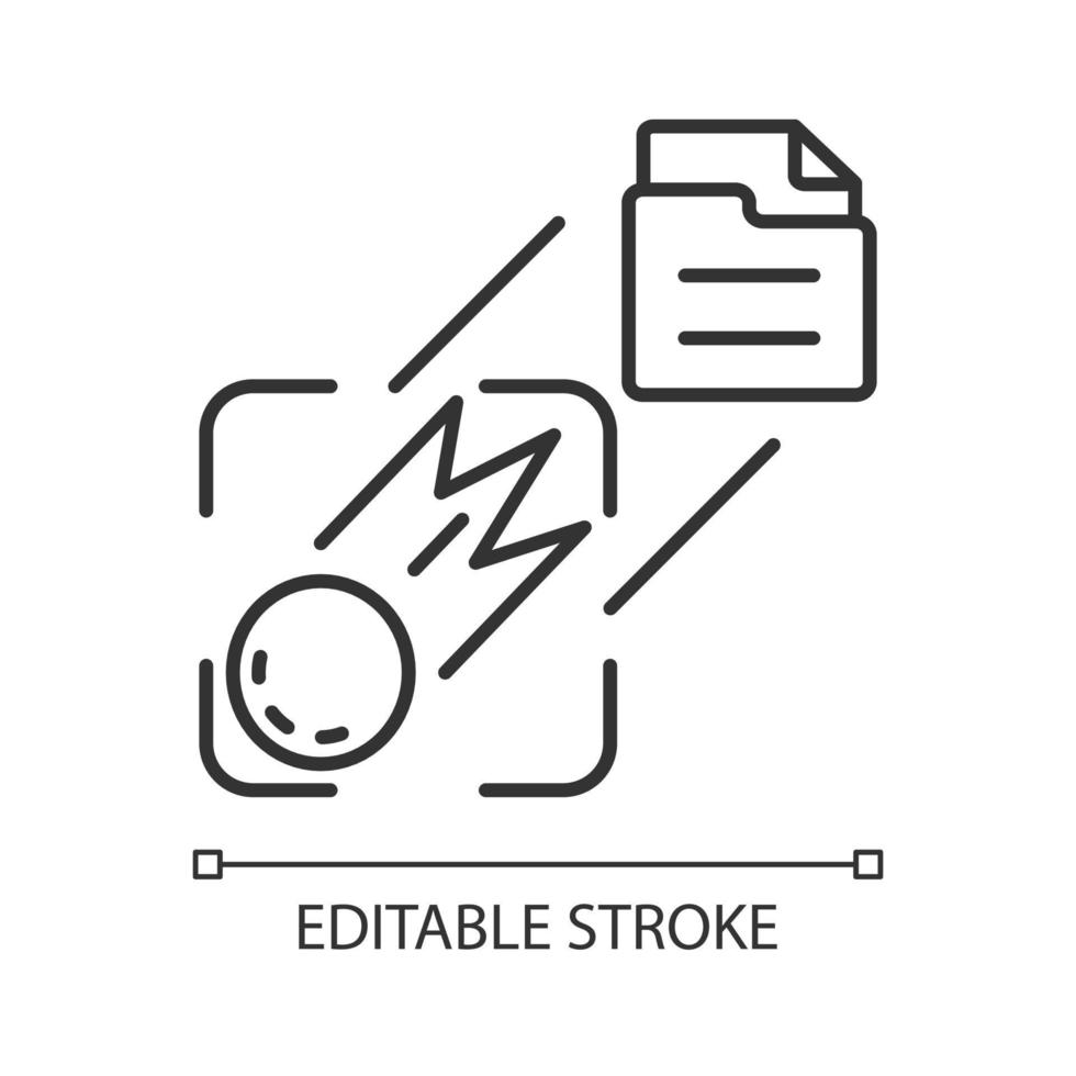 envoyer des images de l'icône linéaire de l'espace. capture d'un corps céleste. mission de recherche interplanétaire. illustration personnalisable de fine ligne. symbole de contour. dessin de contour isolé de vecteur. trait modifiable vecteur