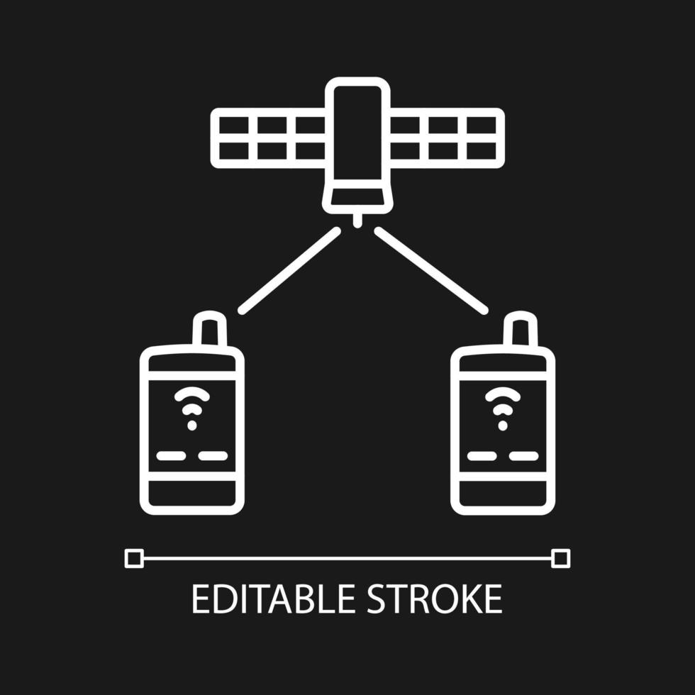 icône linéaire blanche de téléphonie par satellite pour le thème sombre. connexion au réseau mondial de télécommunications. illustration personnalisable de fine ligne. symbole de contour vectoriel isolé pour le mode nuit. trait modifiable