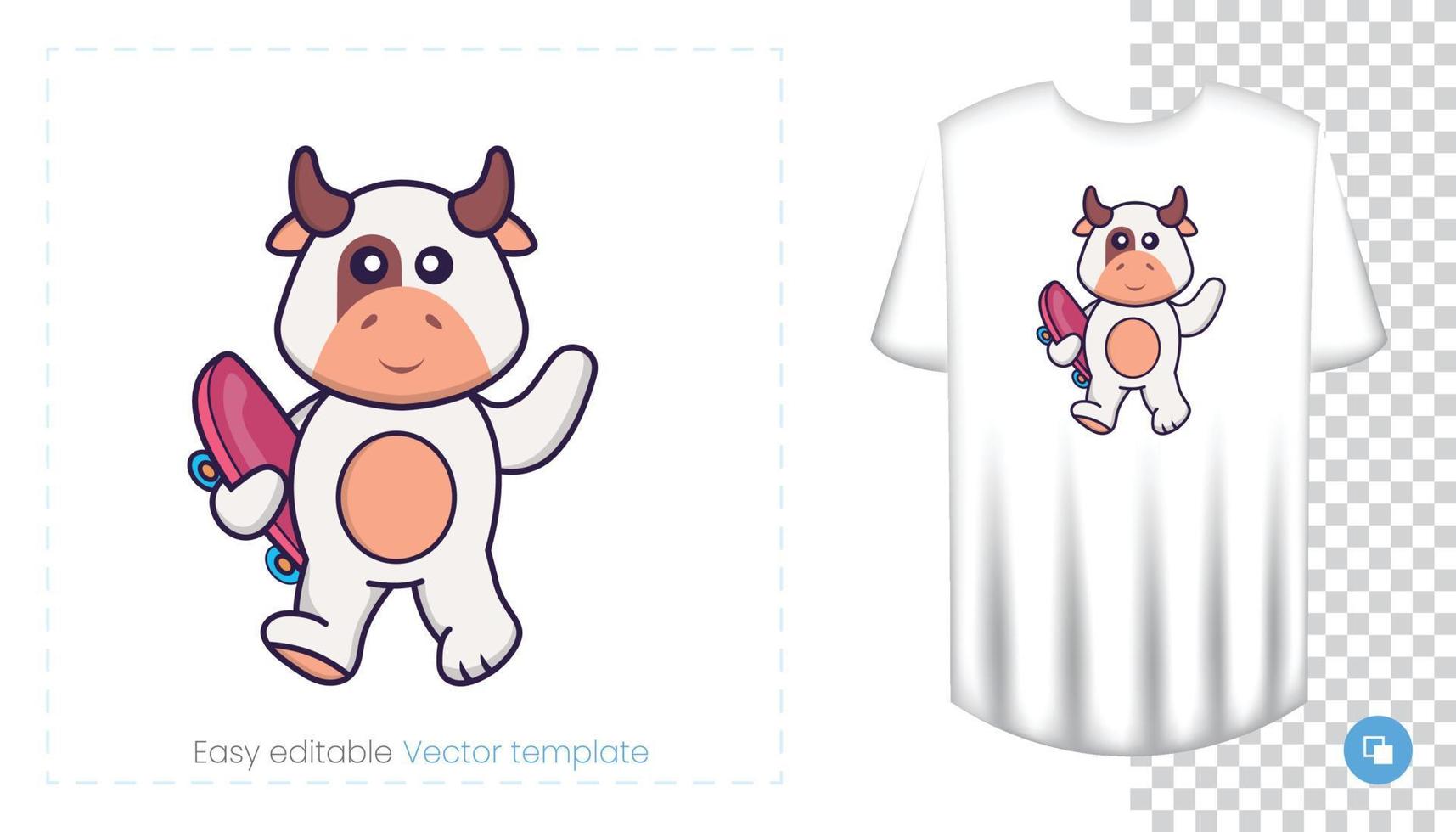 personnage de vache mignon. impressions sur t-shirts, sweat-shirts, étuis pour téléphones portables, souvenirs. illustration vectorielle isolée sur fond blanc. vecteur