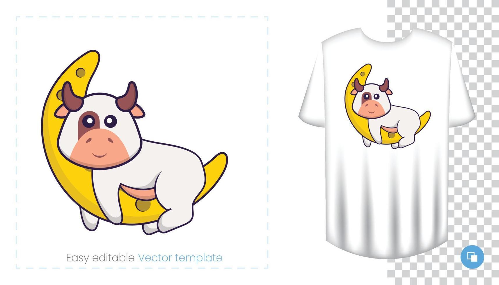 personnage de vache mignon. impressions sur t-shirts, sweat-shirts, étuis pour téléphones portables, souvenirs. illustration vectorielle isolée sur fond blanc. vecteur