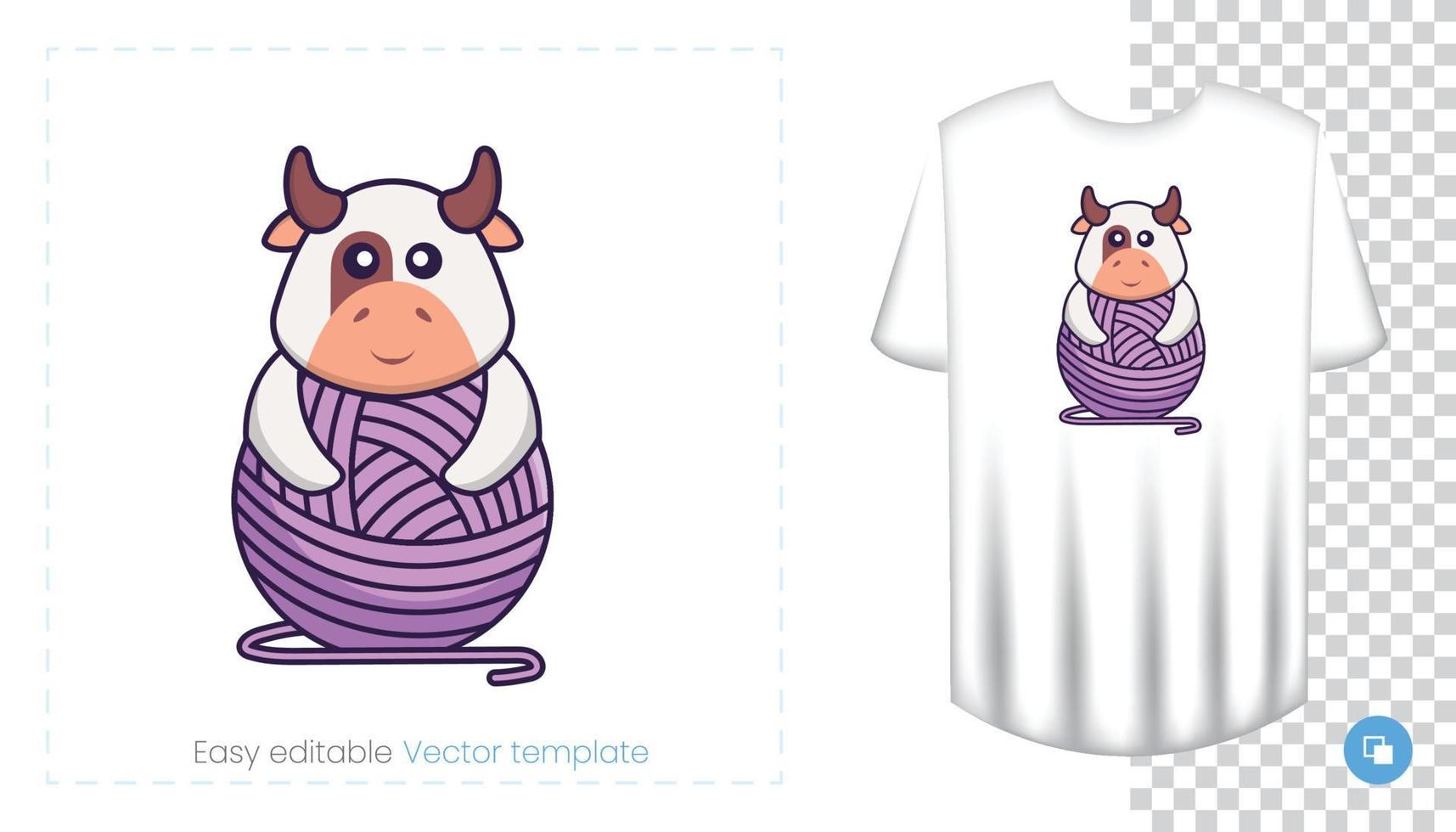 personnage de vache mignon. impressions sur t-shirts, sweat-shirts, étuis pour téléphones portables, souvenirs. illustration vectorielle isolée sur fond blanc. vecteur