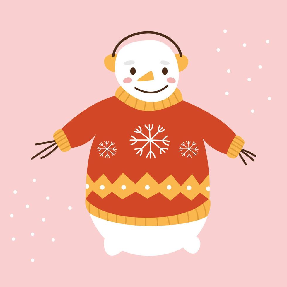 bonhomme de neige de dessin animé mignon dans un pull rouge et des cache-oreilles se réjouit en hiver sur fond rose. illustration vectorielle à plat. vecteur