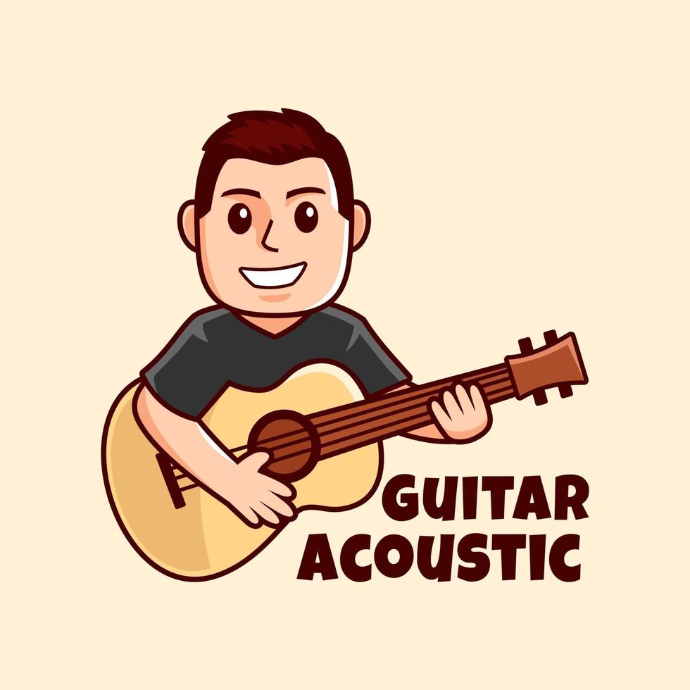 conception de logo de dessin animé acoustique guitariste sourire vecteur