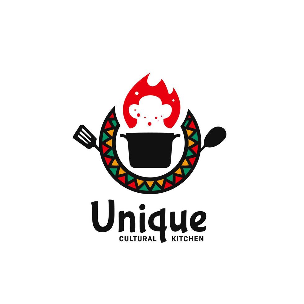 insigne d'icône de logo de cuisine culturelle unique avec marmite, flamme, ustensile de spatule de cuisine et motif abstrait africain vecteur