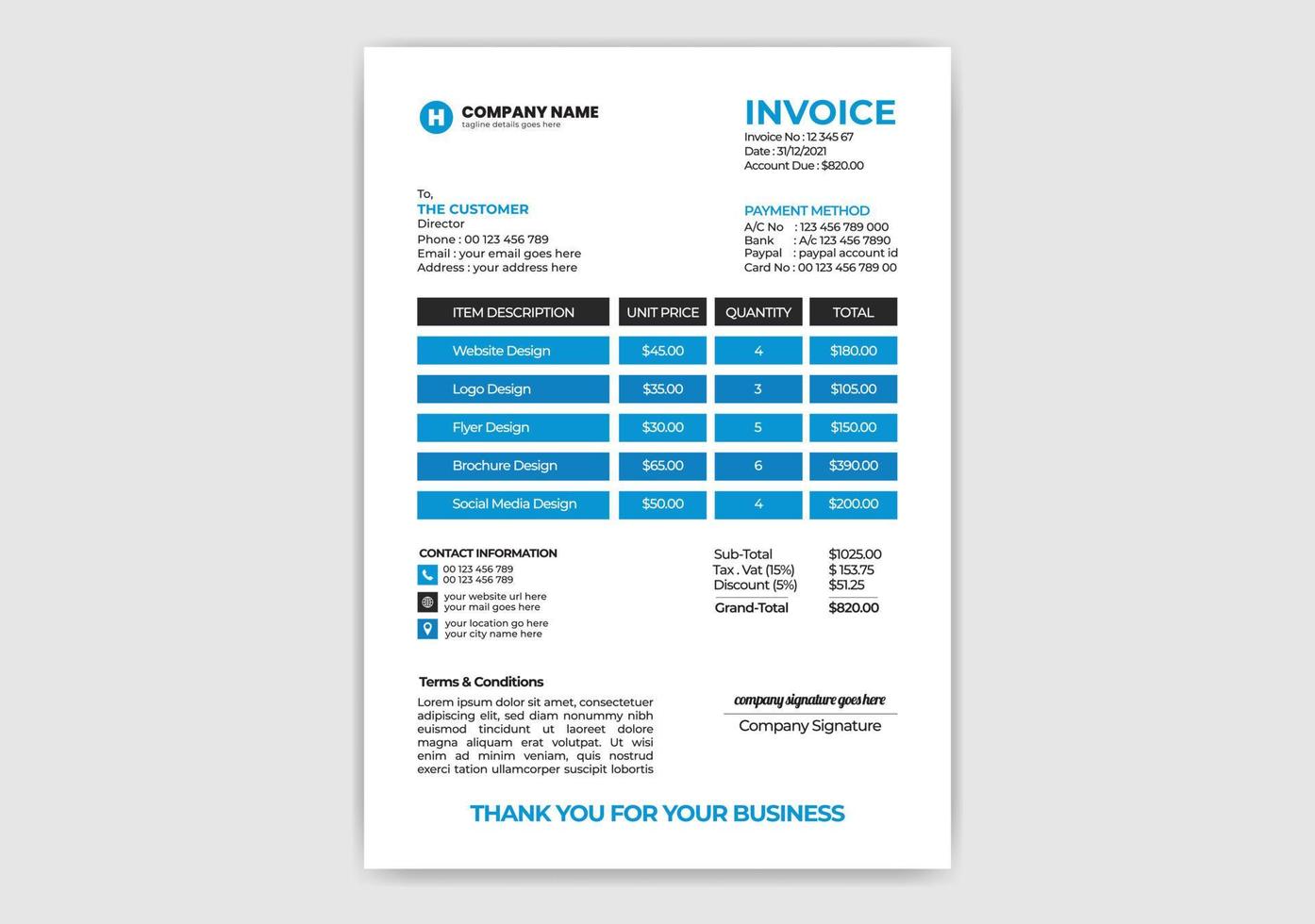 entreprise de couleur bleue, modèle de reçu de prix d'entreprise, modèle d'accord de paiement, modèle de facture et vecteur de conception de modèle de document de facture