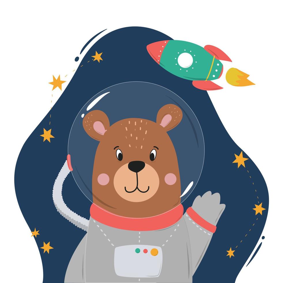 illustration mignonne d'un ours en peluche et d'une fusée dans l'espace. bon pour la décoration de la chambre de bébé, les affiches, les cartes, les imprimés, les autocollants, les vêtements pour enfants, etc. eps 10 vecteur