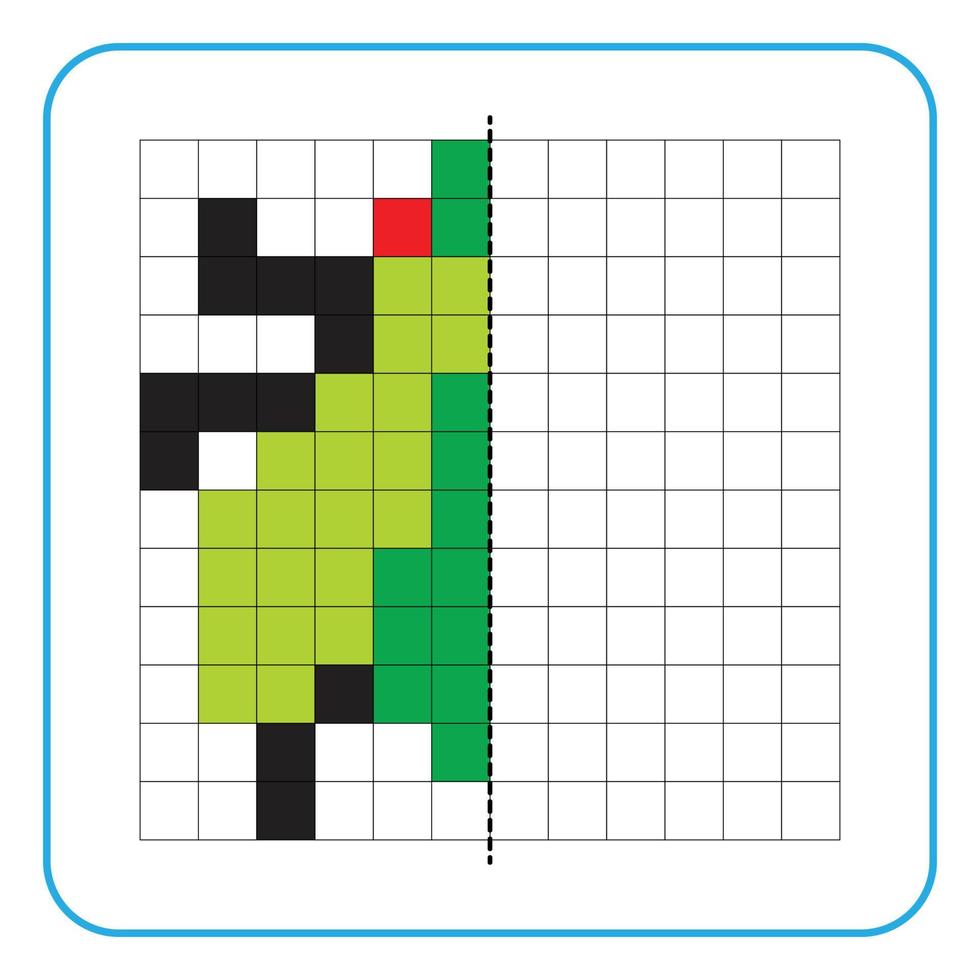 jeu éducatif de réflexion d'image pour les enfants. apprendre à remplir des feuilles de travail sur la symétrie pour les activités préscolaires. pages de grille à colorier, perception visuelle et pixel art. fini le bug de la mouche verte. vecteur