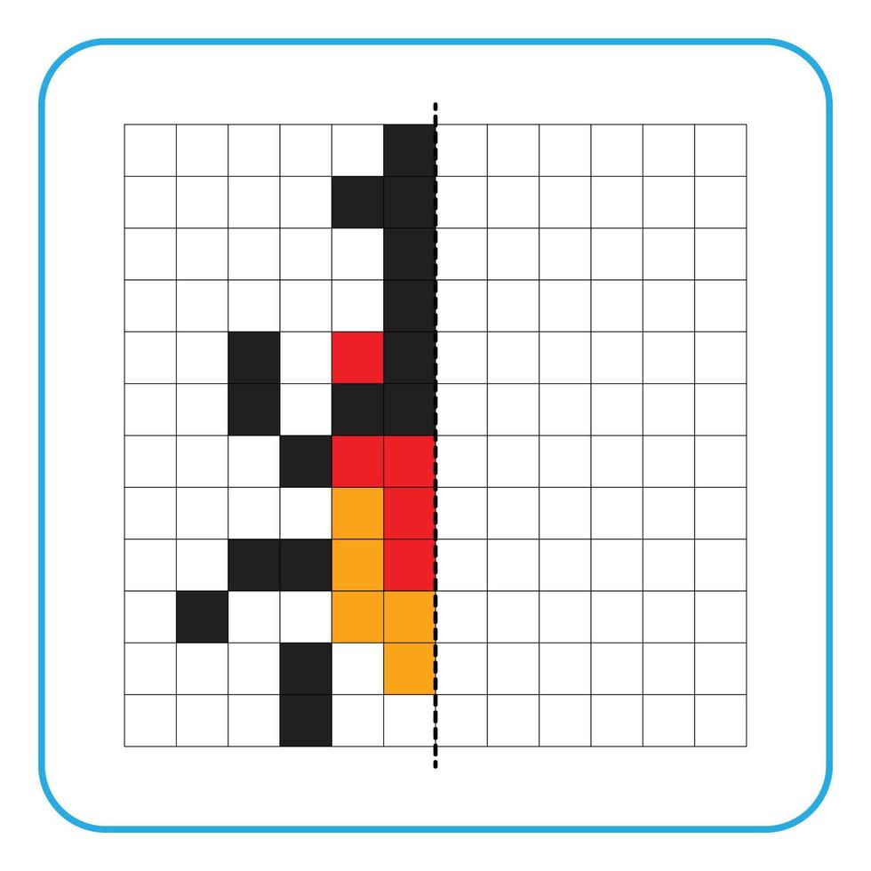 jeu éducatif de réflexion d'image pour les enfants. apprendre à remplir des feuilles de travail sur la symétrie pour les activités préscolaires. pages de grille à colorier, perception visuelle et pixel art. compléter l'insecte cornu. vecteur