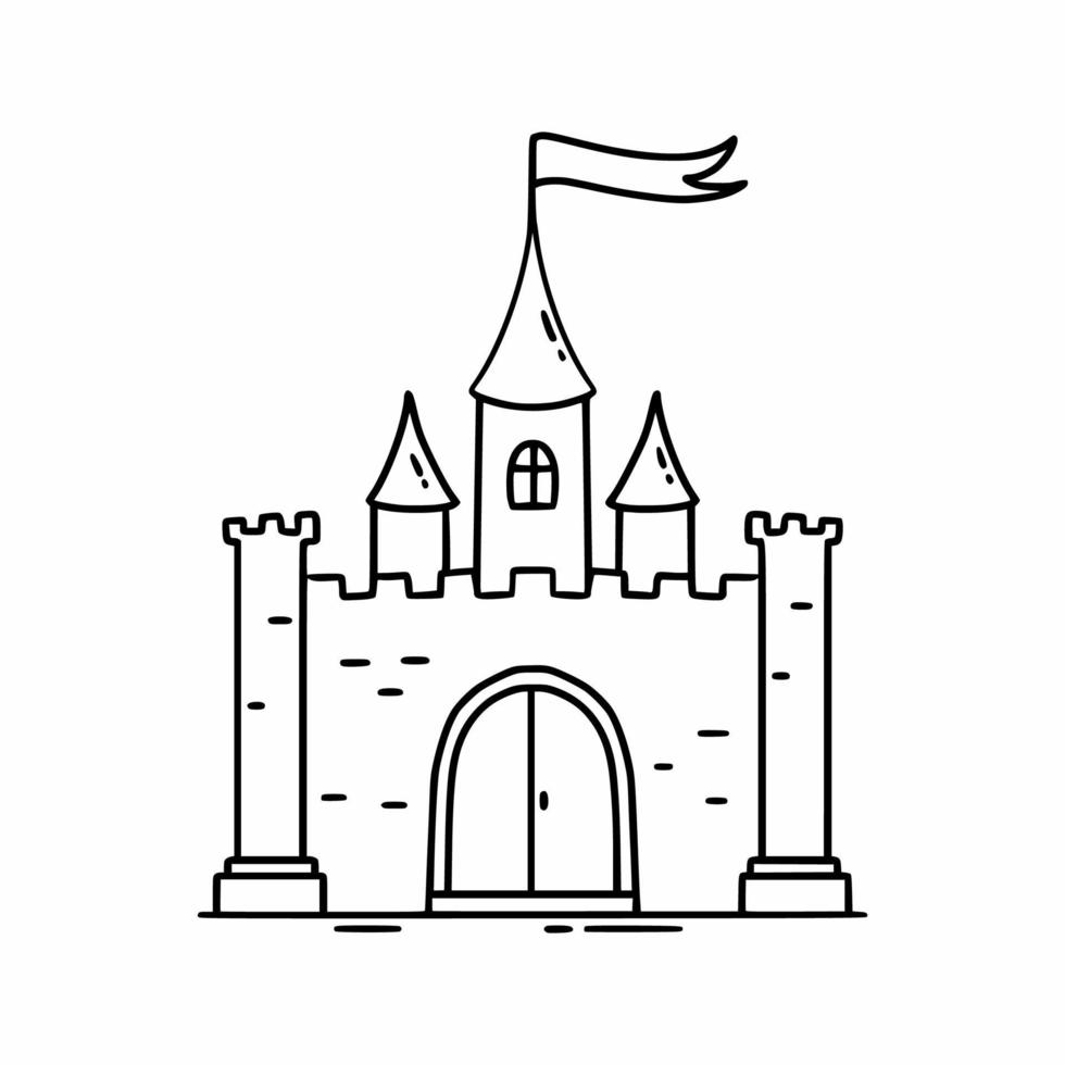 château médiéval dans le style doodle. palais de princesse. citadelle des chevaliers. livre de coloriage pour les filles. élément de conception de carte postale. vecteur