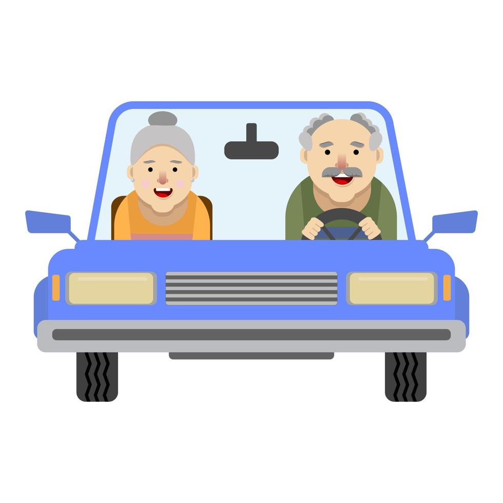 le vieil homme au volant d'une voiture.le passager est une femme âgée.une voiture bleue avec des sièges rouges.illustrations plates. illustration de style.vector de dessin animé vecteur