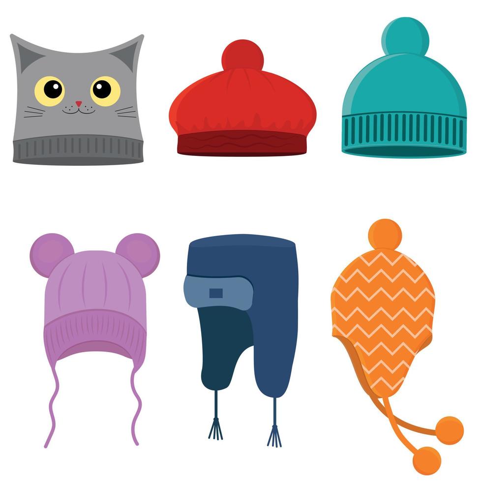 ensemble de chapeaux d'hiver, illustration vectorielle de couleur isolée en style cartoon vecteur