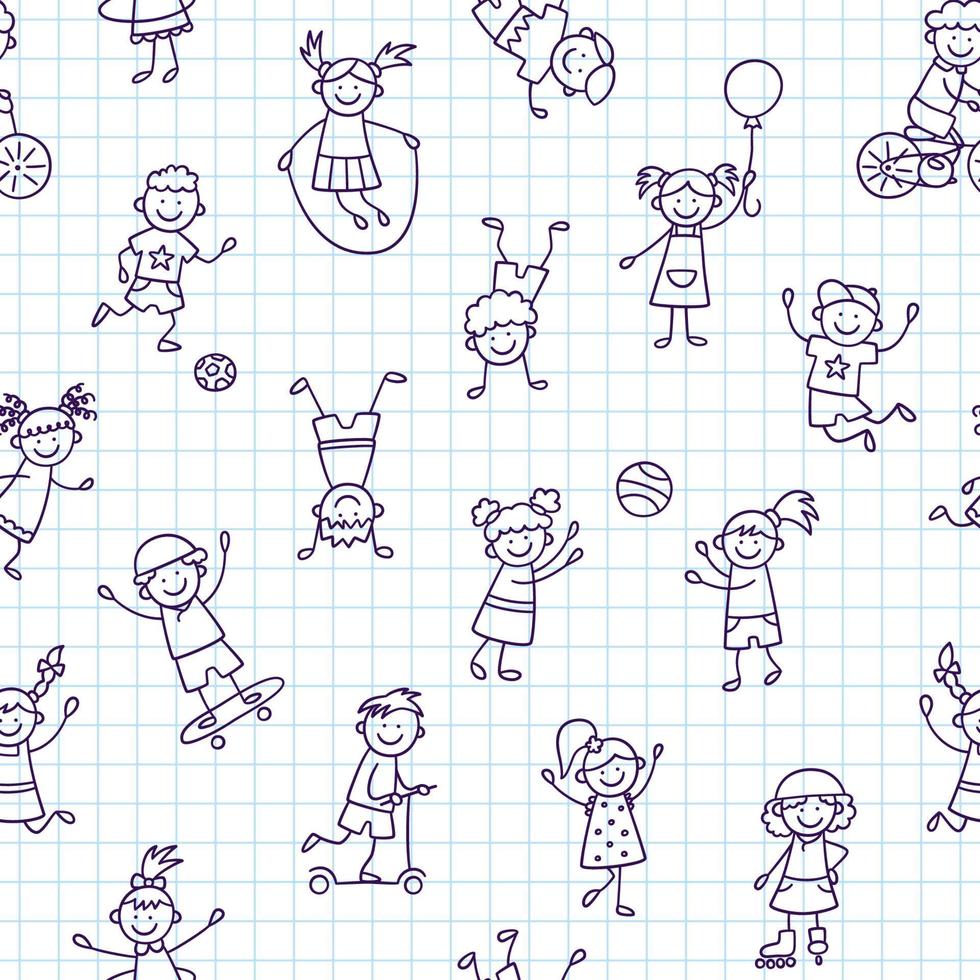 modèle sans couture avec doodle enfants. Les petits enfants drôles dessinés à la main jouent, courent et sautent. dessin d'enfants mignons. illustration vectorielle dans le style doodle sur fond de cahier carré vecteur