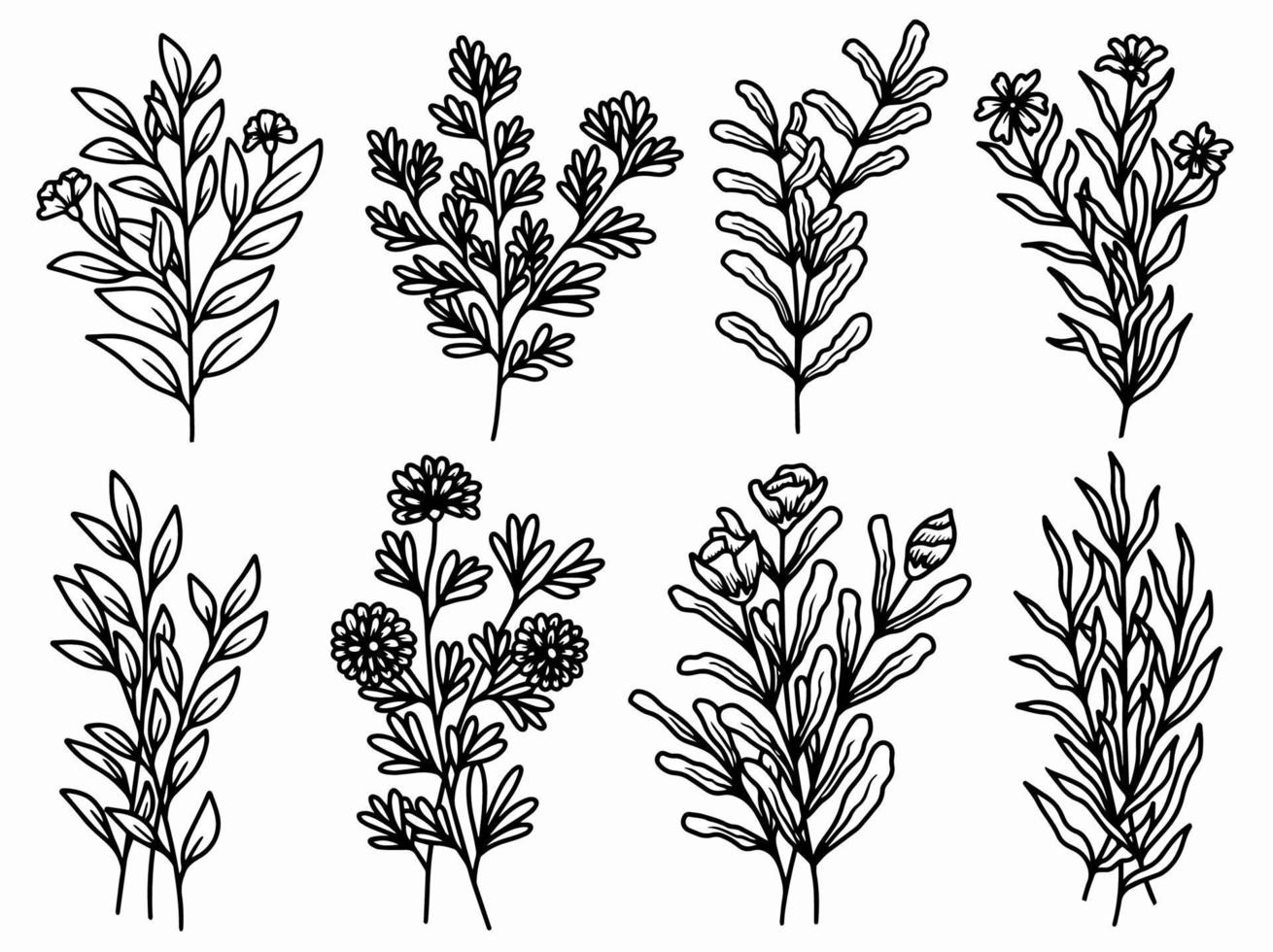 ensemble de feuilles botaniques avec fleur d'art en ligne dessinée à la main vecteur
