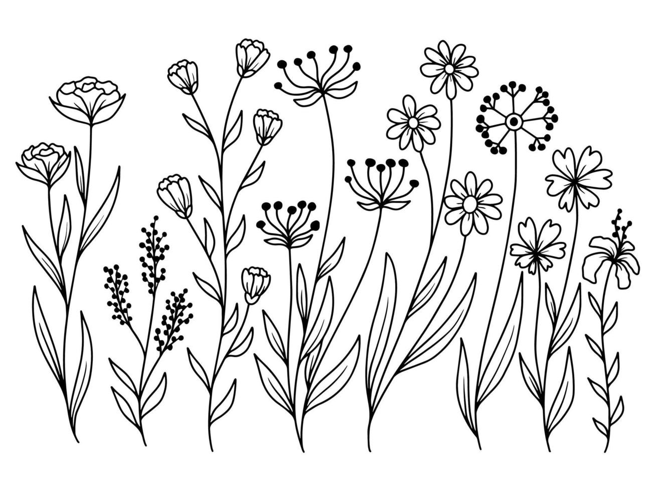 ensemble de feuilles botaniques avec fleur d'art en ligne dessinée à la main vecteur