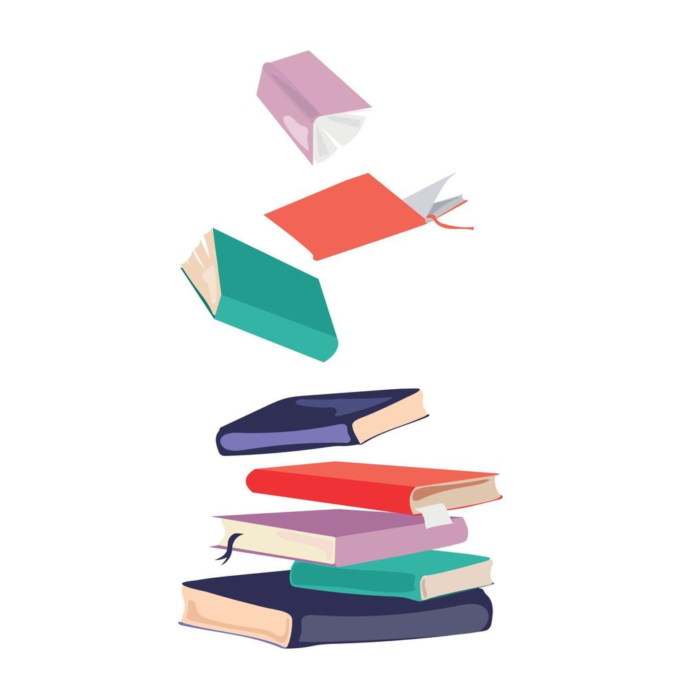 pile de différents livres colorés volants, isolés sur fond blanc. Journée mondiale du livre. illustration vectorielle éducative vecteur