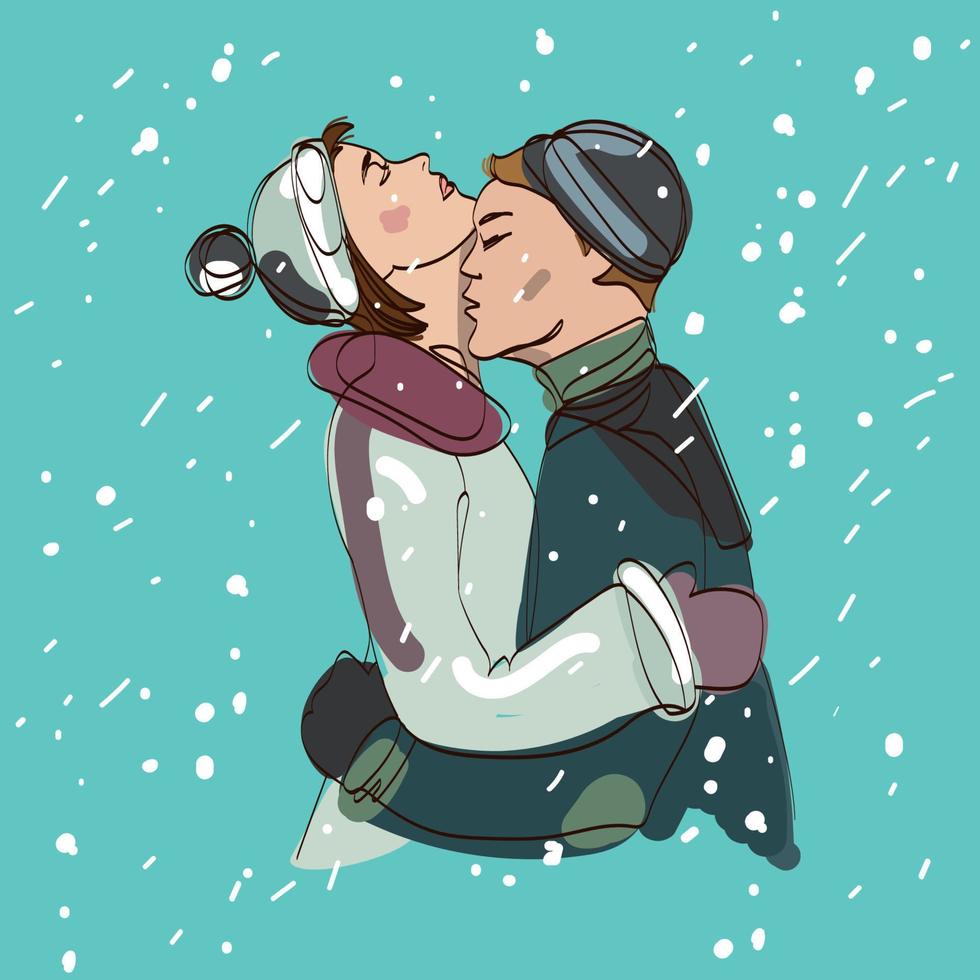 vecteur couple homme et femme s'embrassant sous la neige. jeune homme embrassant sa fille sur le cou. dessin à la main dans le style de croquis. histoire d'amour d'hiver. illustration vectorielle