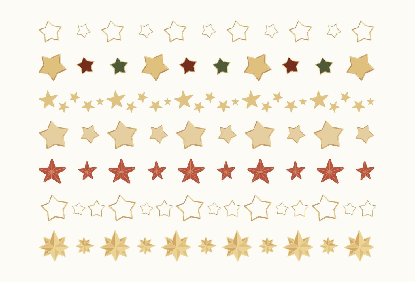 ensemble de diviseurs d'étoiles dorées dessinés à la main. Noël isolé doodle scintille collection d'ornements. joli motif répétitif girly pour ruban washi, ruban, papeterie zakka, impression. illustration vectorielle. vecteur
