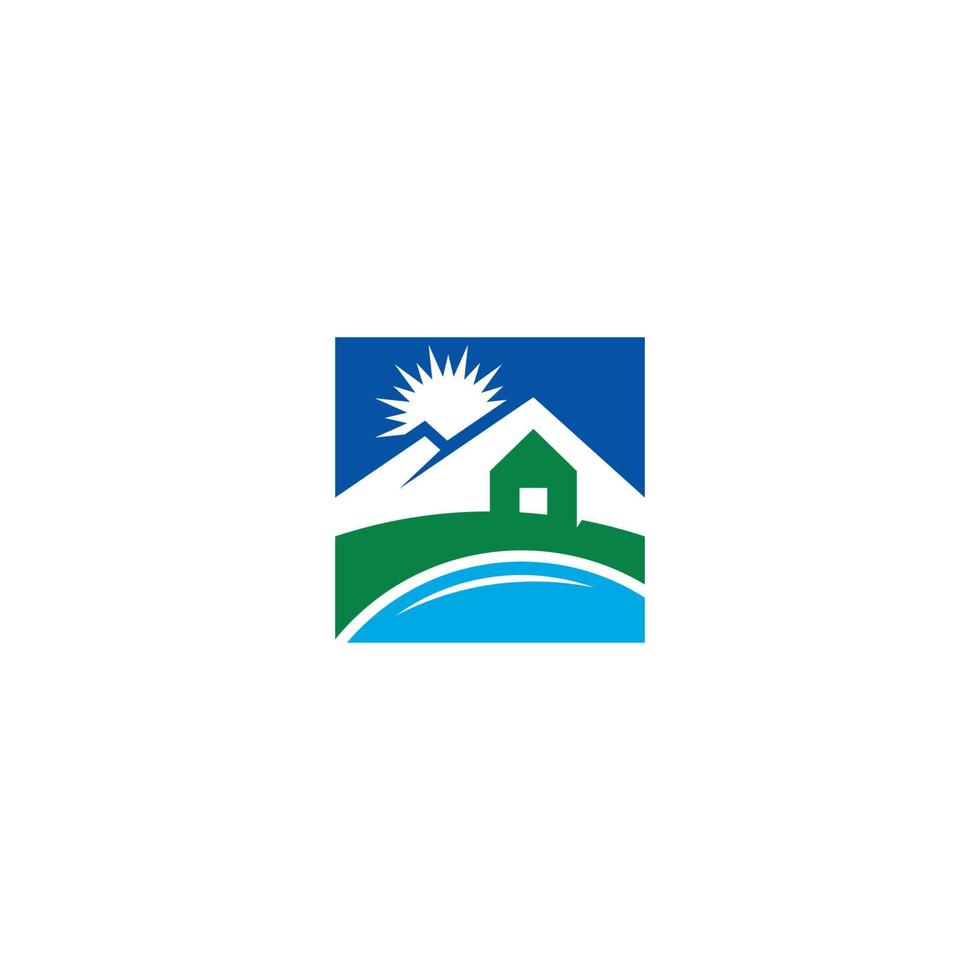 création de logo lac, maison et montagne vecteur